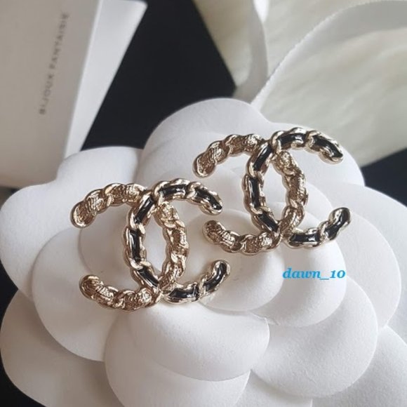 Chanel Large Black And Gold CC Earrings